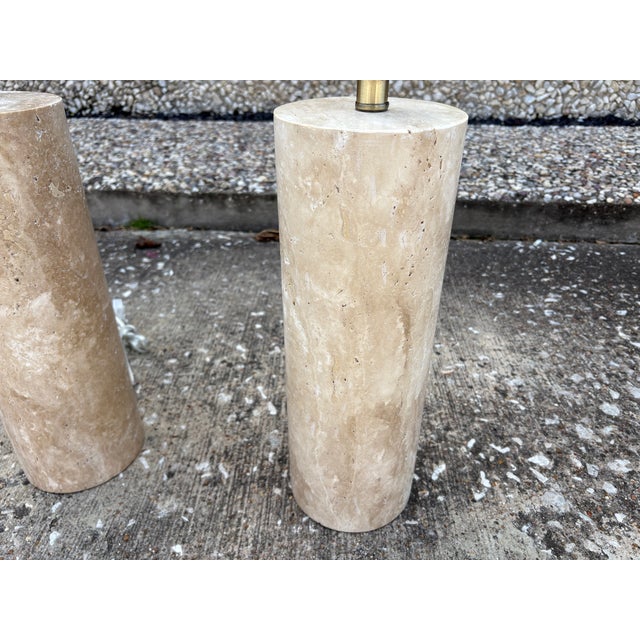 1970s Italian Modern Travertine Cylinder Lamps - a Pair For Sale - Image 6 of 9