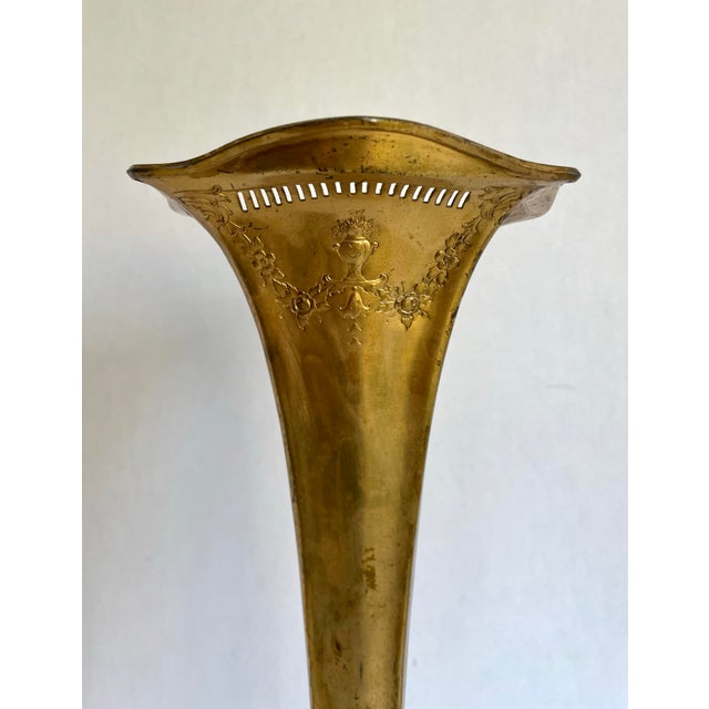 Late 19th Century Antique Art Nouveau Gilt Metal Trumpet Altar Vase With Floral Relief For Sale - Image 5 of 14