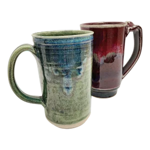 Earthy Vintage Handmade Drip Glaze Tall Pottery Mugs, Set of Two