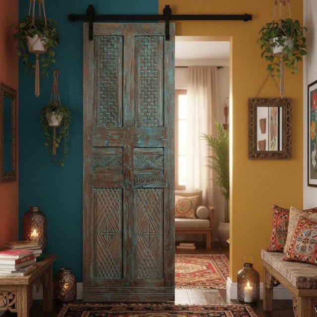 1920s Antique Blue Carved Door – Rustic Modern Farmhouse Barn Door or Hinged Statement Panel80x28 For Sale - Image 5 of 5