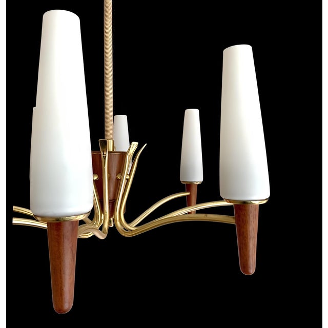 Large Mid-Century Modern Scandinavian Teak, Glass, & Brass Chandelier in the style of Stilnovo, 1960s For Sale - Image 11 of 14