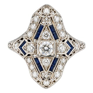 Vintage 14k White Gold Old European Cut Diamond & Sapphire Ring, Size 4 For Sale