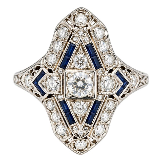 Vintage 14k White Gold Old European Cut Diamond & Sapphire Ring, Size 4 For Sale