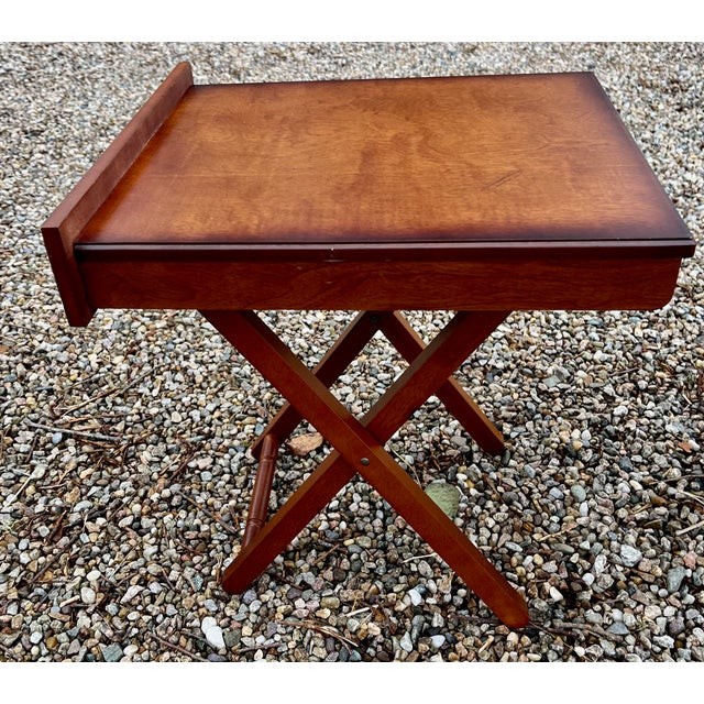 Side Table With Storage of Four Folding Serving Tray Stands Solid Birchwood For Sale - Image 11 of 13