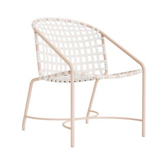 Brown Jordan Kantan Aluminum Arm Chair in Blush with White Lite Vinyl Strapping For Sale
