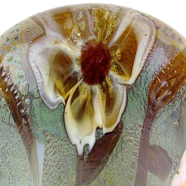 Vintage Murano Large Pink Flowers on Green Opalescent Chalcedony Technique Italian Art Glass Decorative Vase For Sale In Orlando - Image 6 of 9