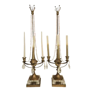 Vintage Chapman Brass Crystal Extra Tall Hollywood Regency Beaded 3 Arm Candelabras-A Pair