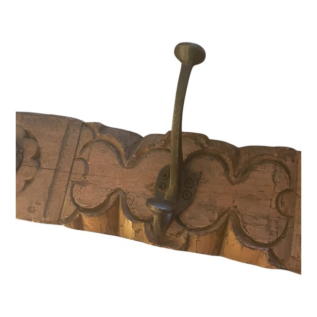 Beautiful French piece made from an antique Art Deco style reclaimed carved wood window lintel with 3 cast iron hooks to...