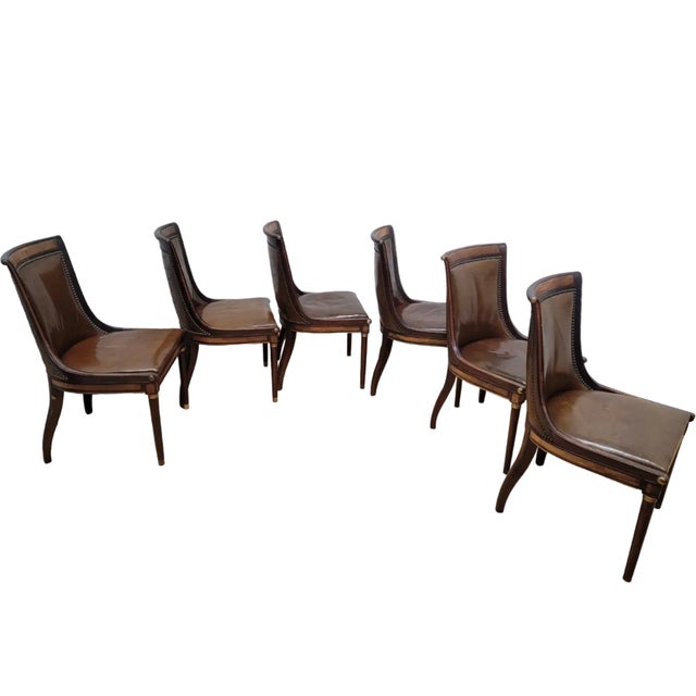 Vintage Neoclassical Style Walnut Leather Slipper Dining Chairs with Brass Collar Accents – Set of 6 Set of six vintage...