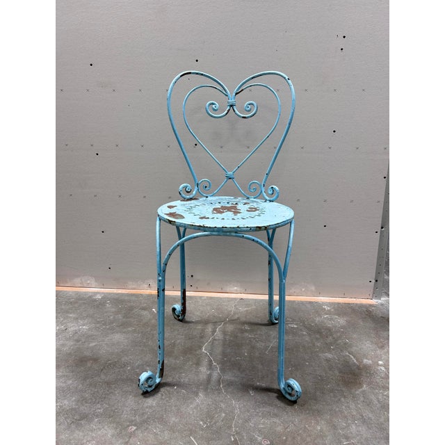 Antique French Wrought Iron Heart-Back Bistro Chairs, Pair, Original Chippy Blue Paint For Sale - Image 9 of 10