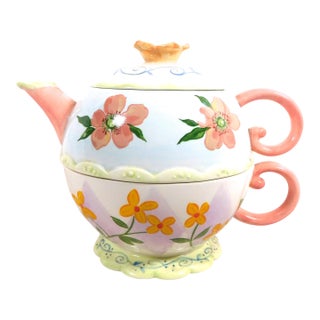 1970s White and Peach Floral Tea Set for One For Sale