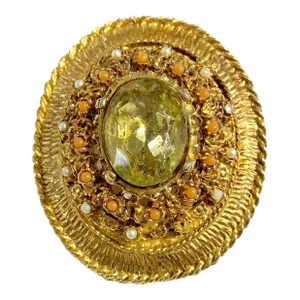 Vintage Brooch Gold Tone Topaz Rhinestones and Pearls 2.25" H