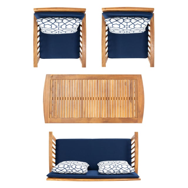 Rocklin 4-Piece Outdoor Set, Natural/Navy Cushion With Blue & White Mosaic Pillows For Sale In Philadelphia - Image 6 of 9