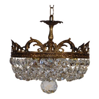 Antique French Brass Regency 3 Lite Petite Basket Cut Lead Crystal Chandelier For Sale