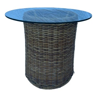 California Coastal Chic Rattan Wicker Round Table With Glass Top For Sale