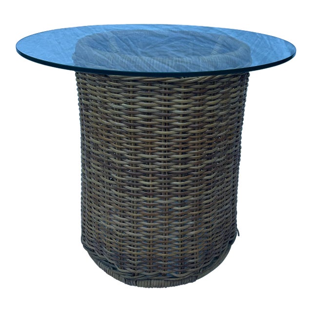 California Coastal Chic Rattan Wicker Round Table With Glass Top For Sale