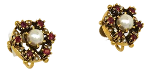 Mid 20th Century Pair of Pearls & Rubies 14k Yellow Gold Floral Screw Back Earrings