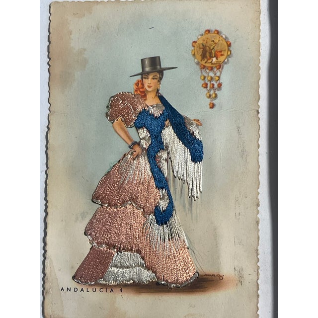 1920s Pair Antique Spanish Embroidered Flamenco Postcards Framed For Sale - Image 5 of 6