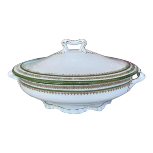 Early 1900s Vintage Crown Imperial Vienna Austria - Oval Covered Vegetable Bowl, Green Band, Gold Flowers & Filigree