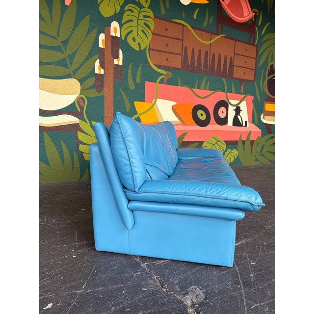 Vintage Postmodern Italian Nicoletti Attrb Blue Leather Sofa For Sale In Tampa - Image 6 of 12