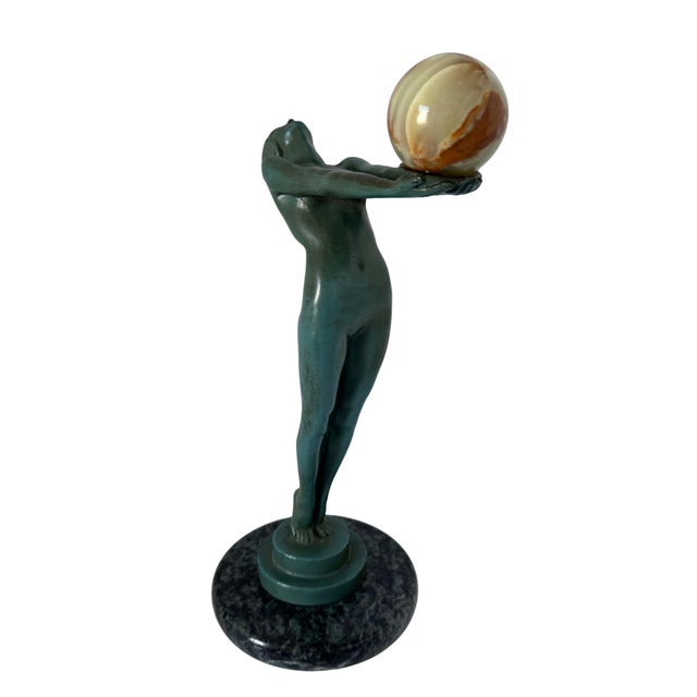 Green 1960s Max Le Verrier "Lueur" French Art Deco Figural Sculpture With Onyx Sphere For Sale - Image 8 of 17