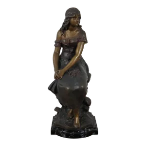 Antique Auguste Moreau French Bronze Seated Young Woman Sculpture