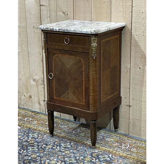 Nightstand in Marquetry and White Marble, Early 20th Century For Sale - Image 9 of 10