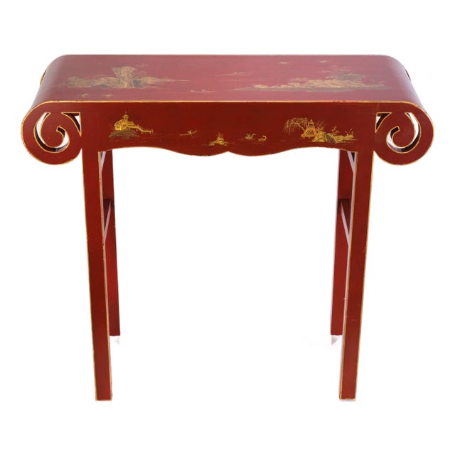 Vintage Chinese Red Lacquer Console Table With Gilt Landscape Scenery and Scroll Ends For Sale