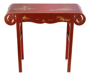 Vintage Chinese Red Lacquer Console Table With Gilt Landscape Scenery and Scroll Ends