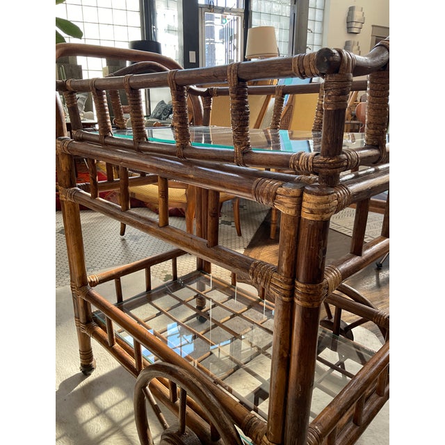 Vintage Bamboo Bar Cart With Glass Shelf & Removable Tray For Sale - Image 14 of 18