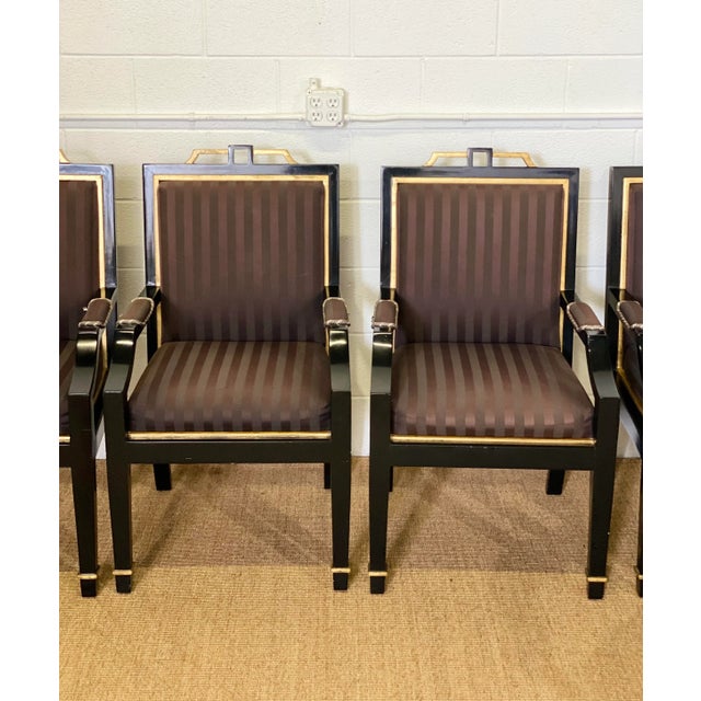 1980s Hollywood Regency Black Lacquer and Satin Dining Armchairs – Set of 8 For Sale - Image 4 of 13