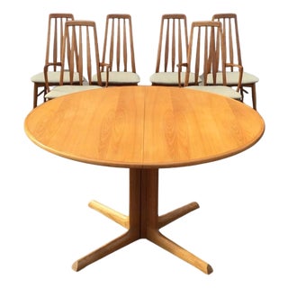 1960's Mid-Century Modern Solid Teak Dining Set, 2 Leaves With 6 Chairs For Sale