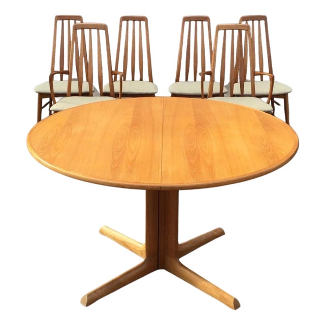 1960's Mid-Century Modern Solid Teak Dining Set, 2 Leaves With 6 Chairs For Sale