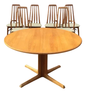 1960's Mid-Century Modern Solid Teak Dining Set, 2 Leaves With 6 Chairs