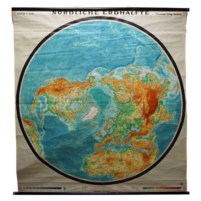 Blue Vintage Northern Hemisphere of the Earth Rollable Map Wall Chart For Sale - Image 8 of 8