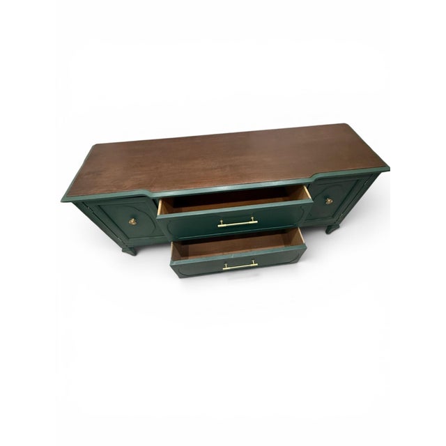 Vintage Emerald Green Credenza Media Console With Walnut Finished Top For Sale - Image 4 of 10