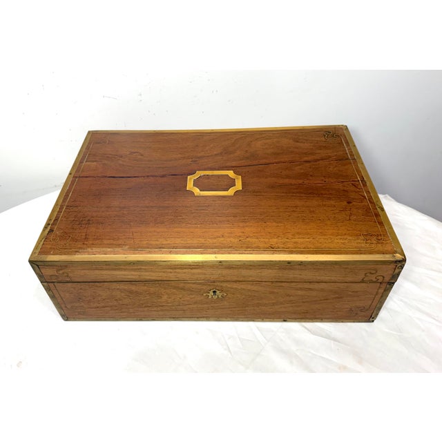 Large High Quality Antique 19th Century Wood Inlaid Brass Writing Lap Desk Box For Sale - Image 4 of 18