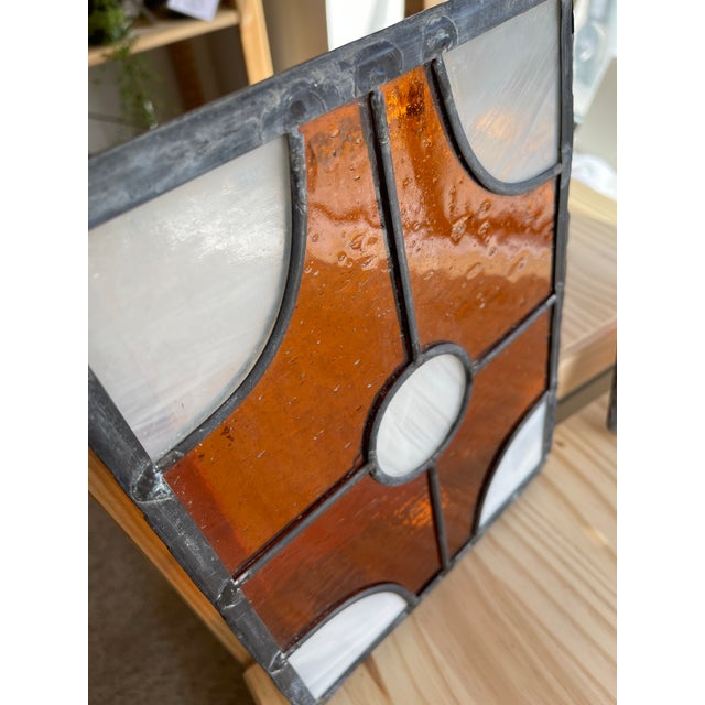 1970s Pair of Vintage Amber and White Stained Glass Window Panels For Sale - Image 5 of 10