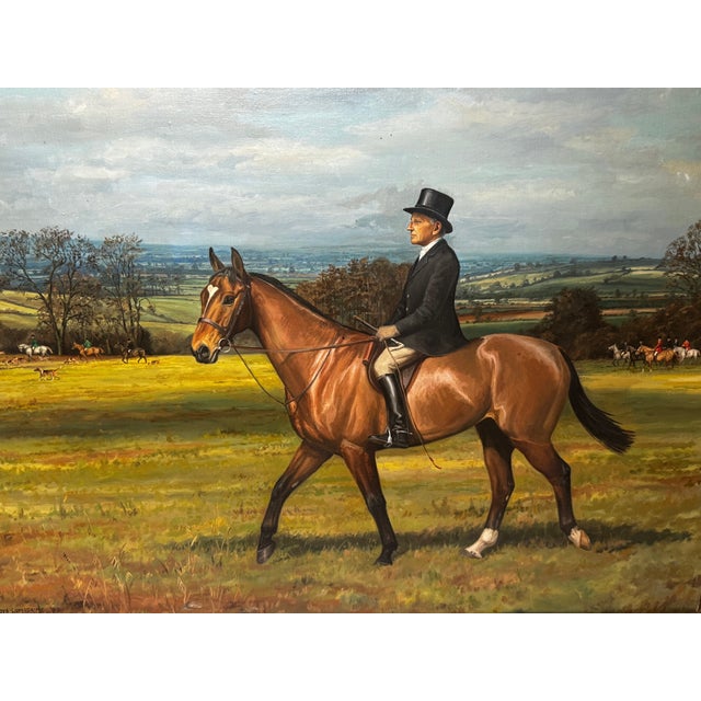 Large Framed British Oil Painting Of Worcestershire Hunt Huntsmen In Top Hat Up Bay Horse Named Pug. Impress your clients...