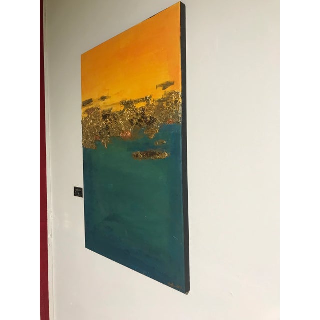 Gold in Teal and Yellow Mix Media Painting For Sale - Image 9 of 11