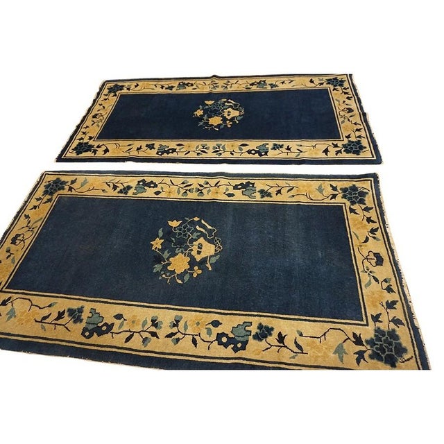1920s Navy Open Field Floral Deco Oriental Antique Peking Knotted Wool Small Rug For Sale In New York - Image 6 of 6