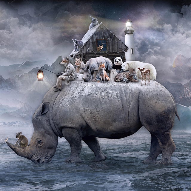This photographic work presents a surreal scene where a rhinoceros carries an array of animals atop its back, set against...