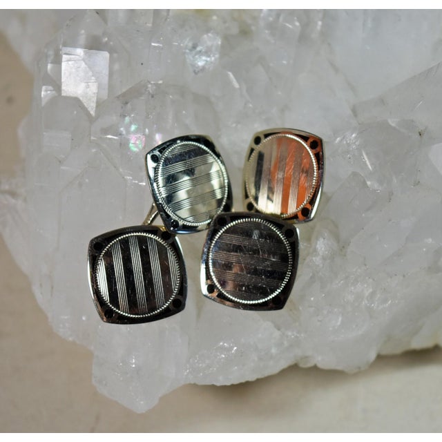 Art Deco 14k White Gold Black Enamel Double Sided Textured Cufflinks With Antique Box For Sale - Image 12 of 18