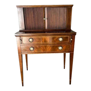 Early 20th Century Hepplewhite Style Mahogany Inlaid Secretary Writing Tambour Desk.