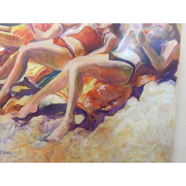Late 20th Century Sunbathers Beach Scene Painting For Sale - Image 5 of 12