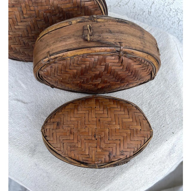 Antique Woven Rattan/Split Bamboo Oval Nesting Boxes-A Set For Sale - Image 4 of 8