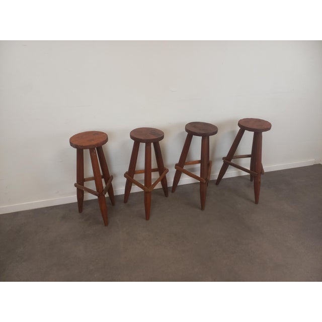Brutalist Wood Stools, 1950s, Set of 4, in Good conditions. Designed 1950 to 1959