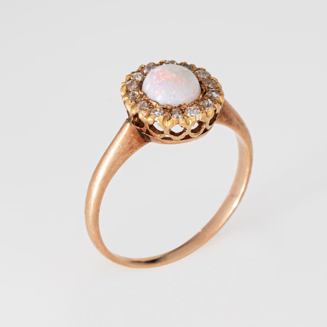 Victorian Late 19th Century Antique Victorian Ring Opal Rose Cut Diamond Cluster 10k Yellow Gold Pinky Halo, Size 5.5 For Sale - Image 3 of 6
