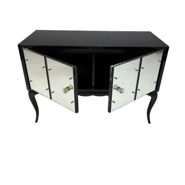 Pair of Hollywood Regency Black Glass and Mirror Cabinets With Cabriole Legs For Sale - Image 4 of 7