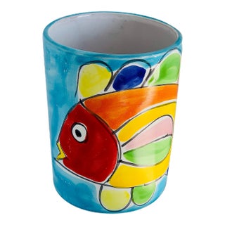 Vintage Folk Art Italian ‘La Musa’ Hand Painted Fish Ceramic Vase, Vessel, Canister For Sale